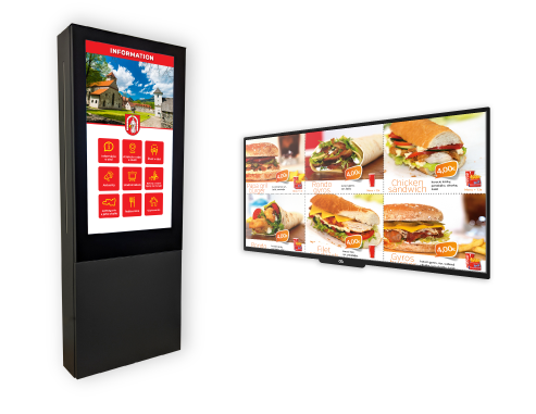 Two types of digital kiosks: on the left, a standing touchscreen information kiosk with a red interface displaying menu icons, and on the right, a wall-mounted digital menu displaying various sandwiches and meals with prices and descriptions.