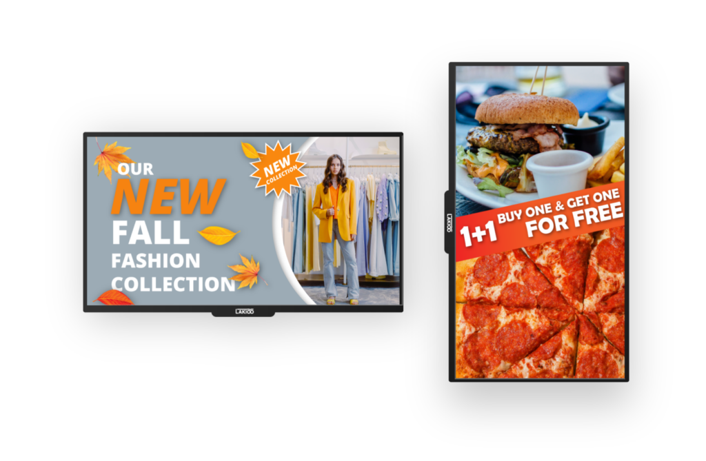 The image is a collage of three different advertisements. On the left, a promotional banner for a new fall fashion collection featuring a model in a yellow outfit with autumn leaves graphics and the text 'Our New Fall Fashion Collection'. In the top right, there's a food ad showing a juicy burger with fries and a 'Buy One & Get One for Free' offer. Below it, there's a picture of a pepperoni pizza with the same buy one get one free offer. Each ad has a distinctive red tag stating 'New Collection' and '1+1' to highlight the deals.