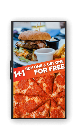 Digital display of a 'Buy One & Get One For Free' food offer, featuring a top image of a hamburger with fries and a bottom image of a pepperoni pizza, emphasized by a red promotional banner.