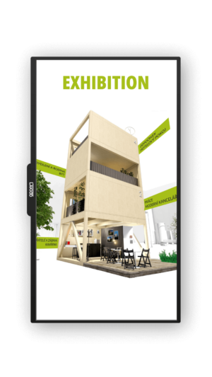 LCD screen displaying a multi-level exhibition stand with a modern wooden design, complete with meeting spaces and green plants, and marked with 'EXHIBITION' in bold green text.