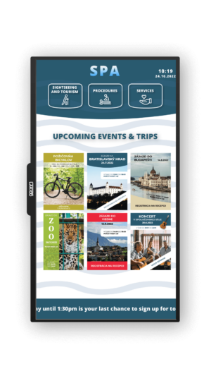 Digital display panel for a SPA showcasing upcoming events and trips with icons for sightseeing, procedures, and services, and images featuring a bike tour, Bratislava Castle, a trip to Budapest, zoo visit, concert, and market event details.
